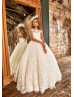 Cap Sleeves Beaded Ivory Lace Tulle Flower Girl Dress